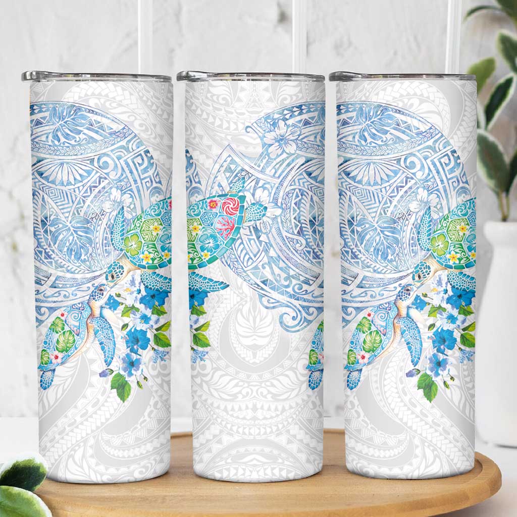 Hawaiian Couple Turtles Honi Skinny Tumbler Polynesian Art Motifs and Hibiscus White Blue Color - Polynesian Pride