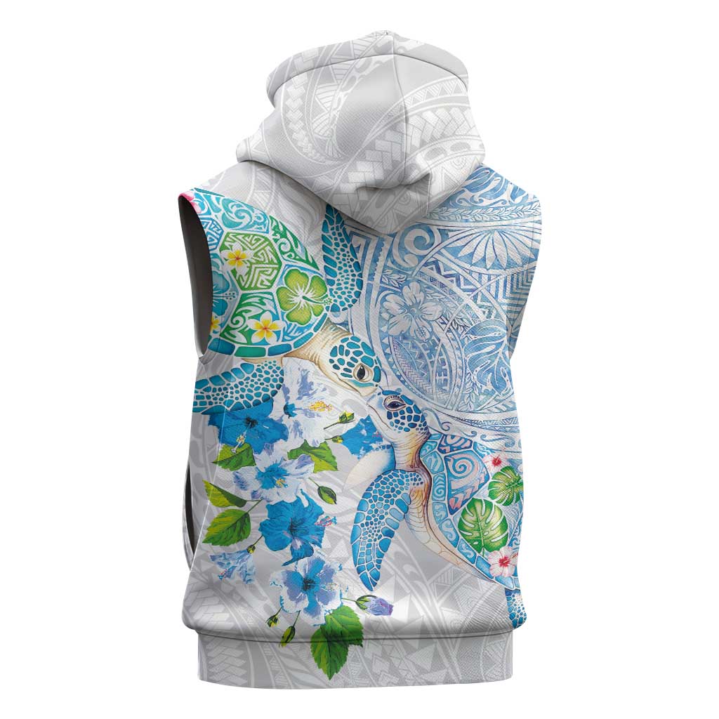 Hawaiian Couple Turtles Honi Sleeveless Hoodie Polynesian Art Motifs and Hibiscus White Blue Color - Polynesian Pride