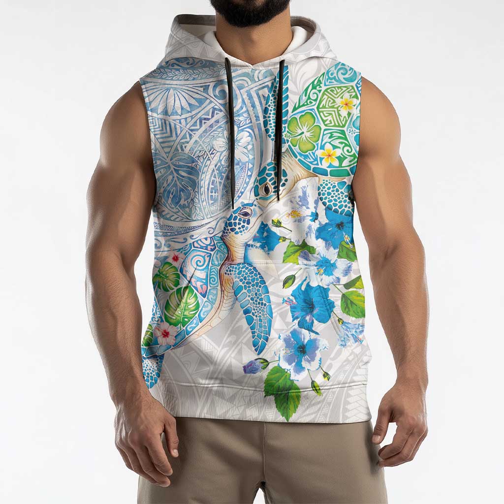 Hawaiian Couple Turtles Honi Sleeveless Hoodie Polynesian Art Motifs and Hibiscus White Blue Color - Polynesian Pride