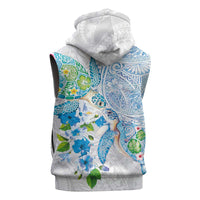 Hawaiian Couple Turtles Honi Sleeveless Zip Hoodie Polynesian Art Motifs and Hibiscus White Blue Color - Polynesian Pride