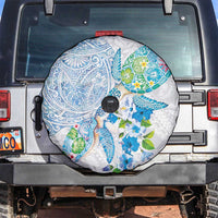 Hawaiian Couple Turtles Honi Spare Tire Cover Polynesian Art Motifs and Hibiscus White Blue Color - Polynesian Pride