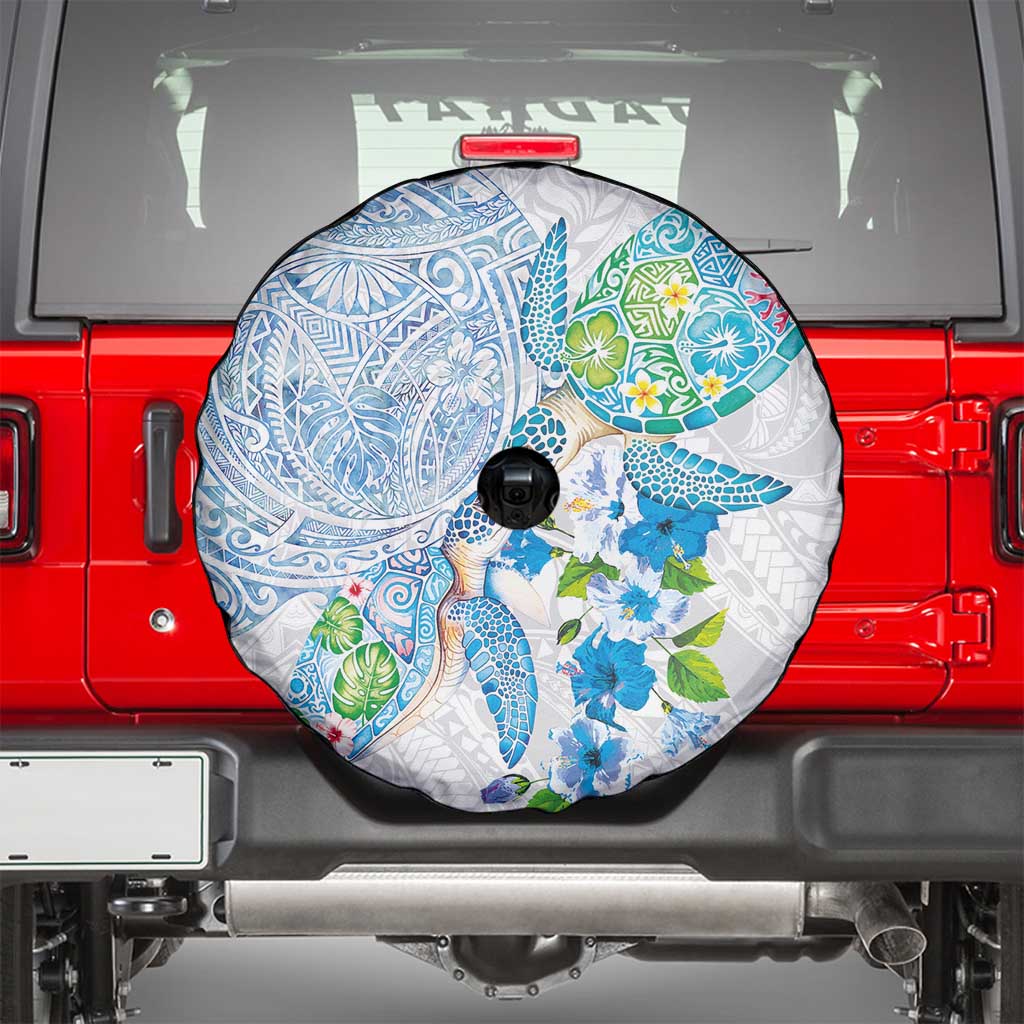 Hawaiian Couple Turtles Honi Spare Tire Cover Polynesian Art Motifs and Hibiscus White Blue Color - Polynesian Pride