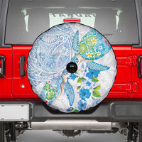 Hawaiian Couple Turtles Honi Spare Tire Cover Polynesian Art Motifs and Hibiscus White Blue Color - Polynesian Pride