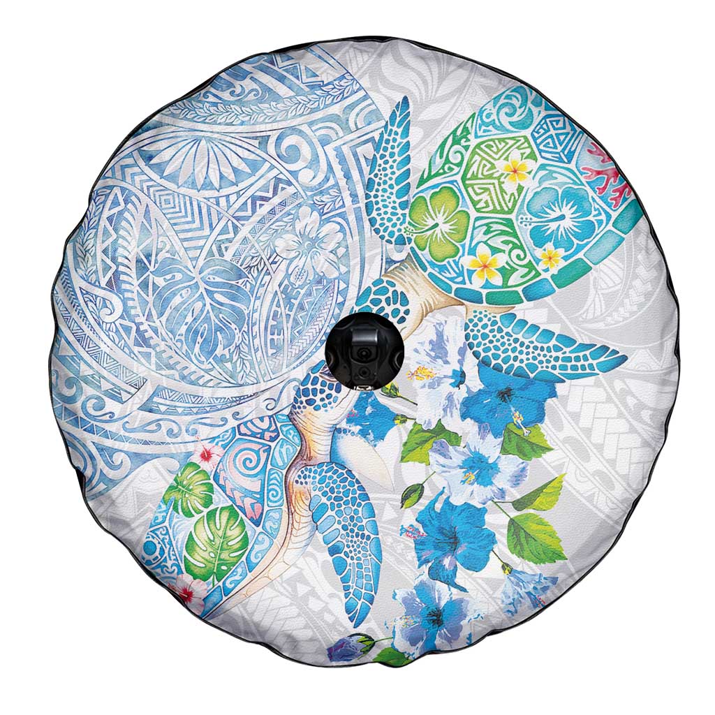 Hawaiian Couple Turtles Honi Spare Tire Cover Polynesian Art Motifs and Hibiscus White Blue Color - Polynesian Pride