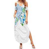 Hawaiian Couple Turtles Honi Summer Maxi Dress Polynesian Art Motifs and Hibiscus White Blue Color - Polynesian Pride