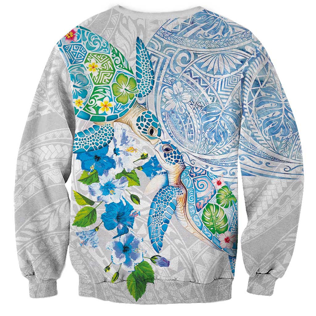 Hawaiian Couple Turtles Honi Sweatshirt Polynesian Art Motifs and Hibiscus White Blue Color - Polynesian Pride