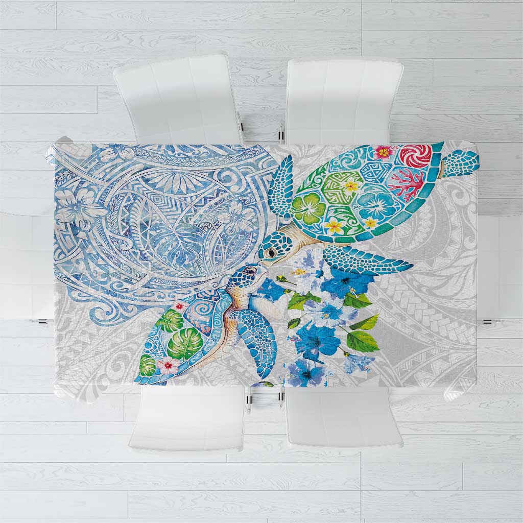 Hawaiian Couple Turtles Honi Tablecloth Polynesian Art Motifs and Hibiscus White Blue Color - Polynesian Pride