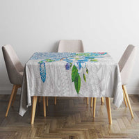 Hawaiian Couple Turtles Honi Tablecloth Polynesian Art Motifs and Hibiscus White Blue Color - Polynesian Pride