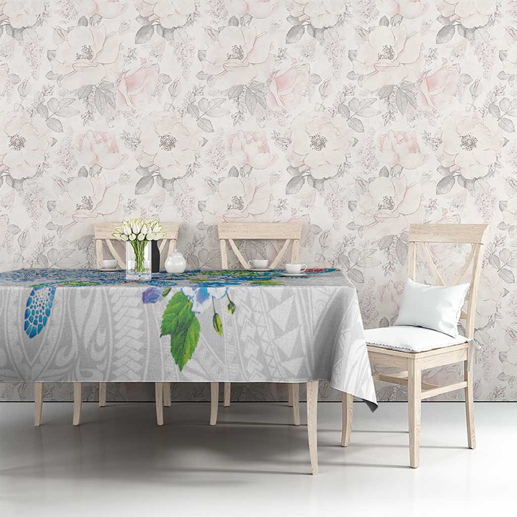 Hawaiian Couple Turtles Honi Tablecloth Polynesian Art Motifs and Hibiscus White Blue Color - Polynesian Pride