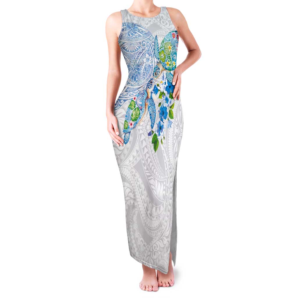 Hawaiian Couple Turtles Honi Tank Maxi Dress Polynesian Art Motifs and Hibiscus White Blue Color - Polynesian Pride