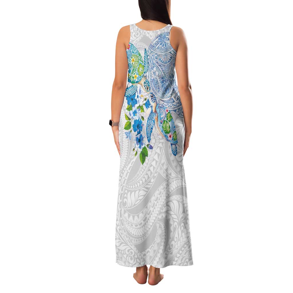 Hawaiian Couple Turtles Honi Tank Maxi Dress Polynesian Art Motifs and Hibiscus White Blue Color - Polynesian Pride