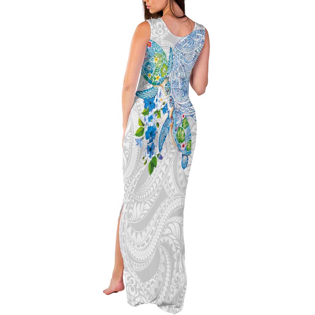 Hawaiian Couple Turtles Honi Tank Maxi Dress Polynesian Art Motifs and Hibiscus White Blue Color - Polynesian Pride
