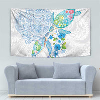 Hawaiian Couple Turtles Honi Tapestry Polynesian Art Motifs and Hibiscus White Blue Color - Polynesian Pride