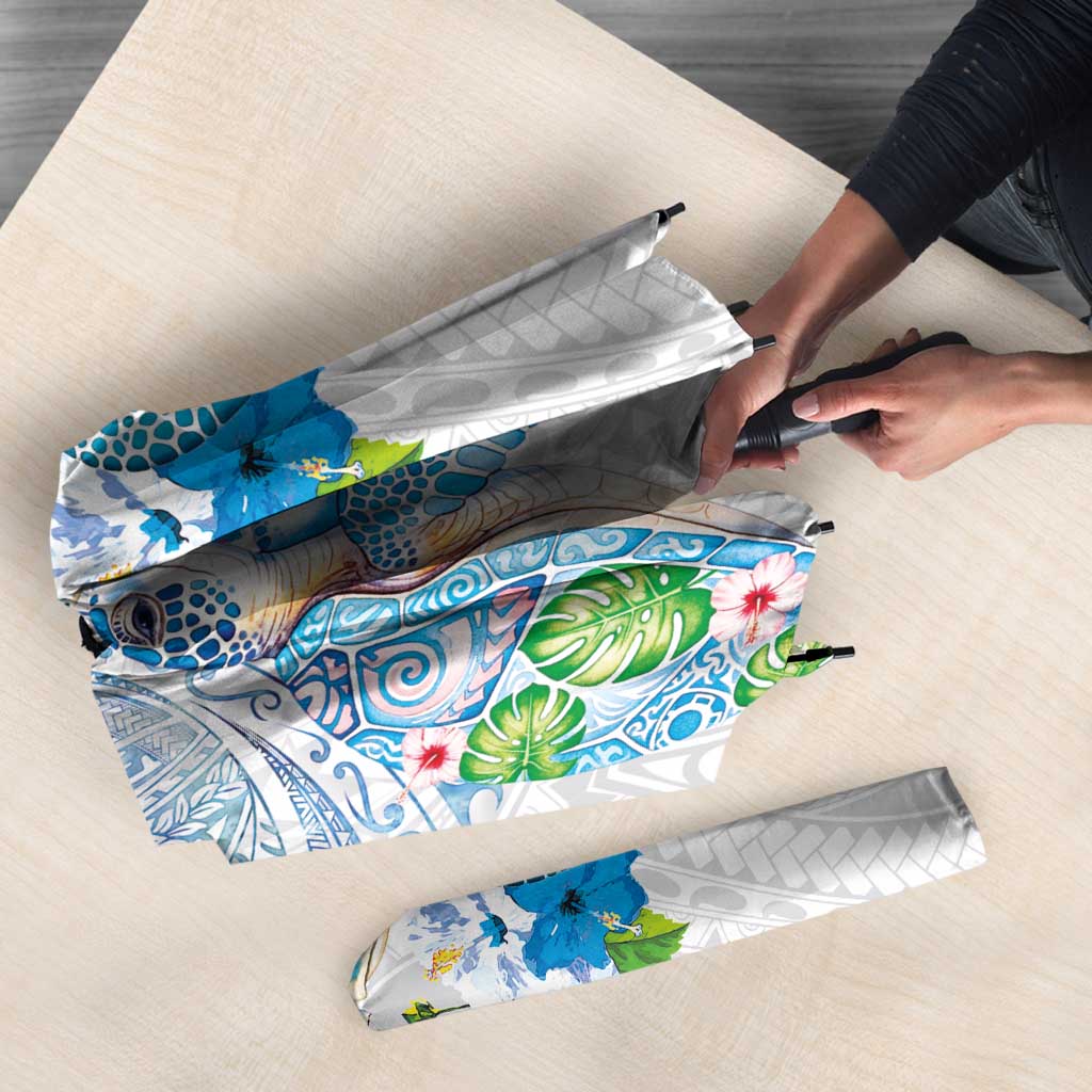 Hawaiian Couple Turtles Honi Umbrella Polynesian Art Motifs and Hibiscus White Blue Color - Polynesian Pride