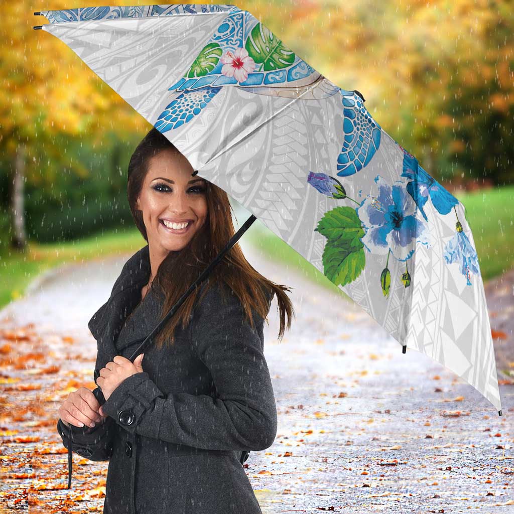 Hawaiian Couple Turtles Honi Umbrella Polynesian Art Motifs and Hibiscus White Blue Color - Polynesian Pride
