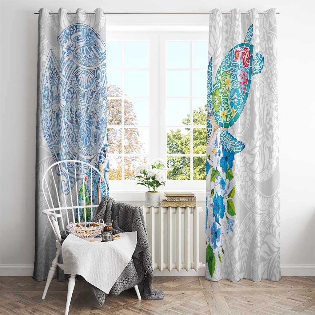 Hawaiian Couple Turtles Honi Window Curtain Polynesian Art Motifs and Hibiscus White Blue Color - Polynesian Pride