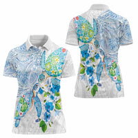 Hawaiian Couple Turtles Honi Women Polo Shirt Polynesian Art Motifs and Hibiscus White Blue Color - Polynesian Pride