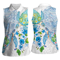 Hawaiian Couple Turtles Honi Women Sleeveless Polo Shirt Polynesian Art Motifs and Hibiscus White Blue Color - Polynesian Pride