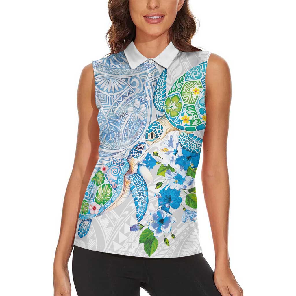 Hawaiian Couple Turtles Honi Women Sleeveless Polo Shirt Polynesian Art Motifs and Hibiscus White Blue Color - Polynesian Pride