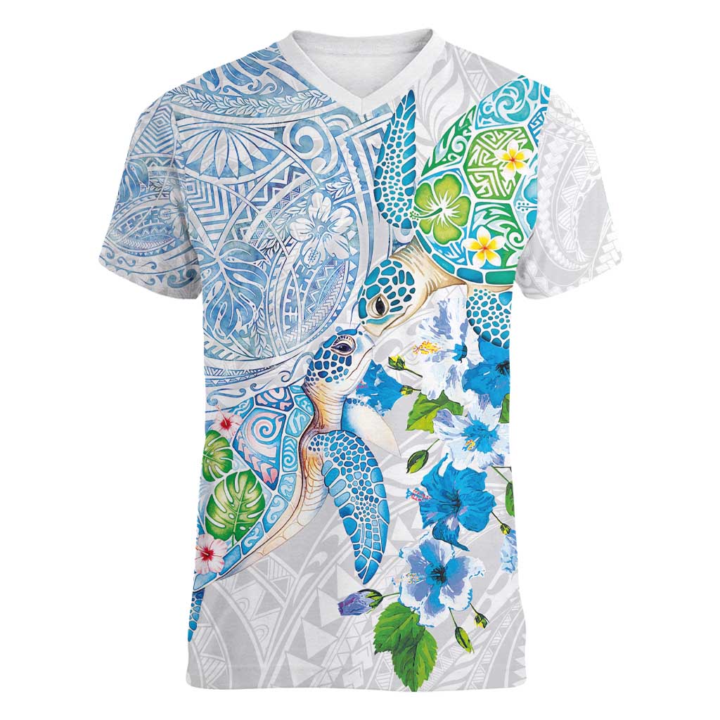 Hawaiian Couple Turtles Honi Women V-Neck T-Shirt Polynesian Art Motifs and Hibiscus White Blue Color - Polynesian Pride