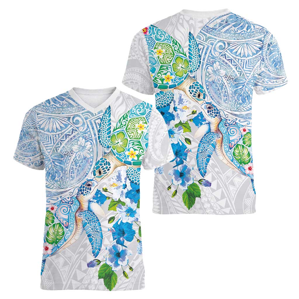 Hawaiian Couple Turtles Honi Women V-Neck T-Shirt Polynesian Art Motifs and Hibiscus White Blue Color - Polynesian Pride
