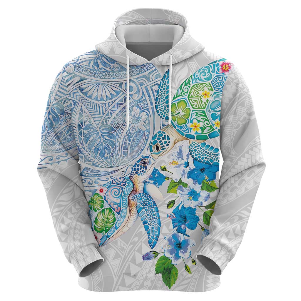 Hawaiian Couple Turtles Honi Zip Hoodie Polynesian Art Motifs and Hibiscus White Blue Color - Polynesian Pride