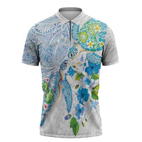Hawaiian Couple Turtles Honi Zipper Polo Shirt Polynesian Art Motifs and Hibiscus White Blue Color - Polynesian Pride