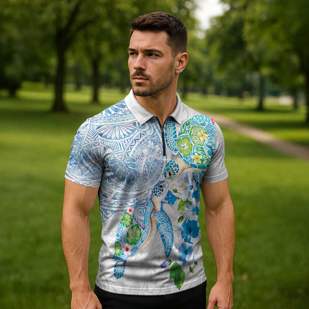 Hawaiian Couple Turtles Honi Zipper Polo Shirt Polynesian Art Motifs and Hibiscus White Blue Color - Polynesian Pride