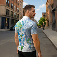Hawaiian Couple Turtles Honi Zipper Polo Shirt Polynesian Art Motifs and Hibiscus White Blue Color - Polynesian Pride
