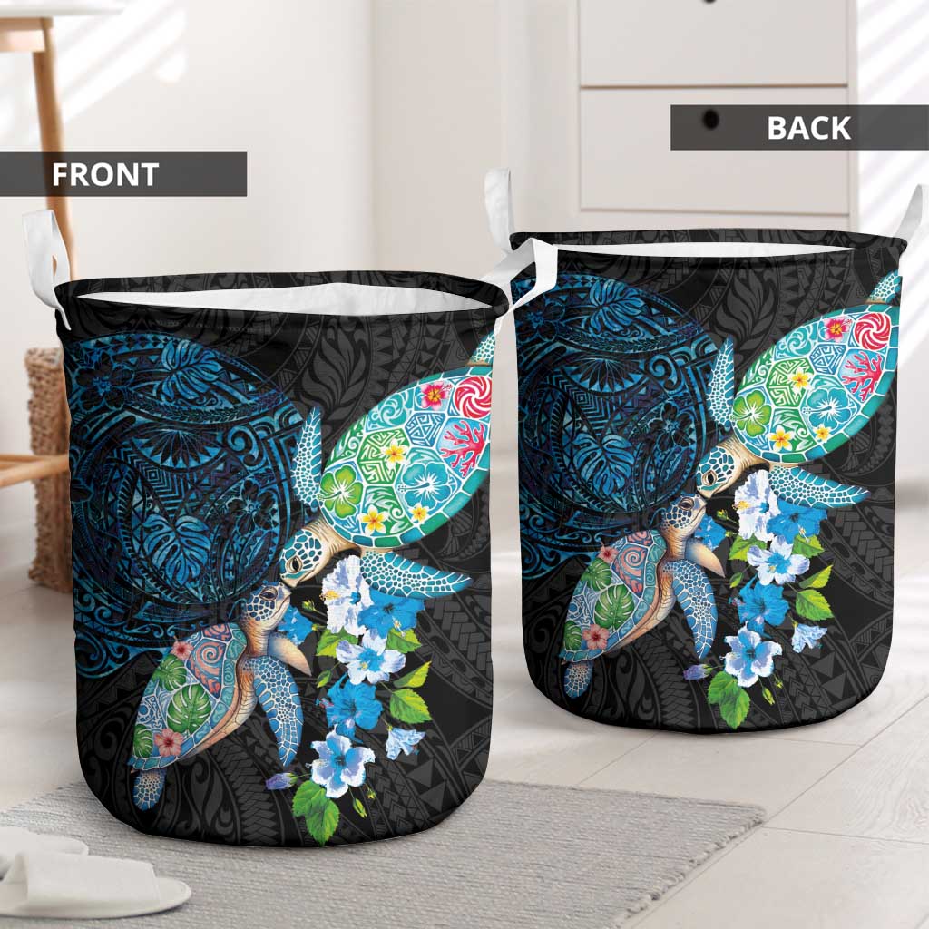 Hawaiian Couple Turtles Honi Laundry Basket Polynesian Art Motifs and Hibiscus Black Blue Color - Polynesian Pride