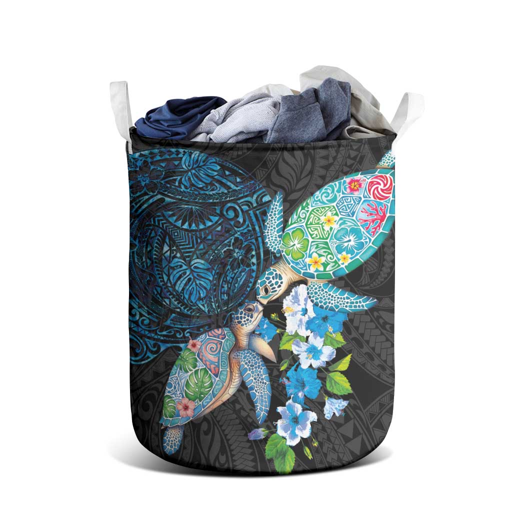 Hawaiian Couple Turtles Honi Laundry Basket Polynesian Art Motifs and Hibiscus Black Blue Color - Polynesian Pride