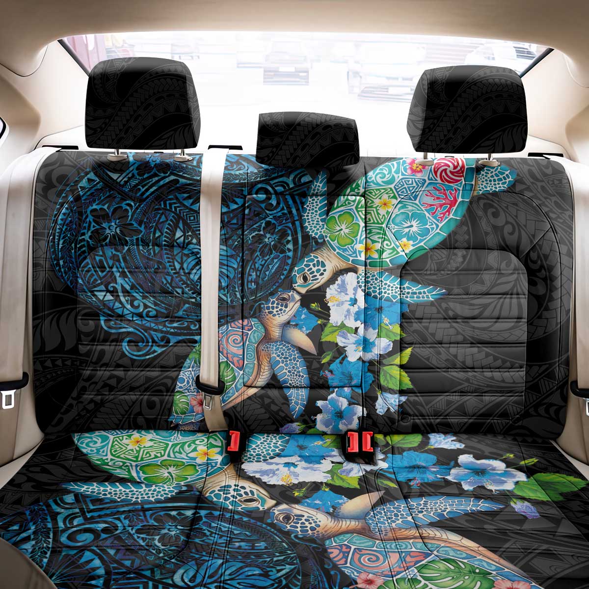 Hawaiian Couple Turtles Honi Back Car Seat Cover Polynesian Art Motifs and Hibiscus Black Blue Color - Polynesian Pride