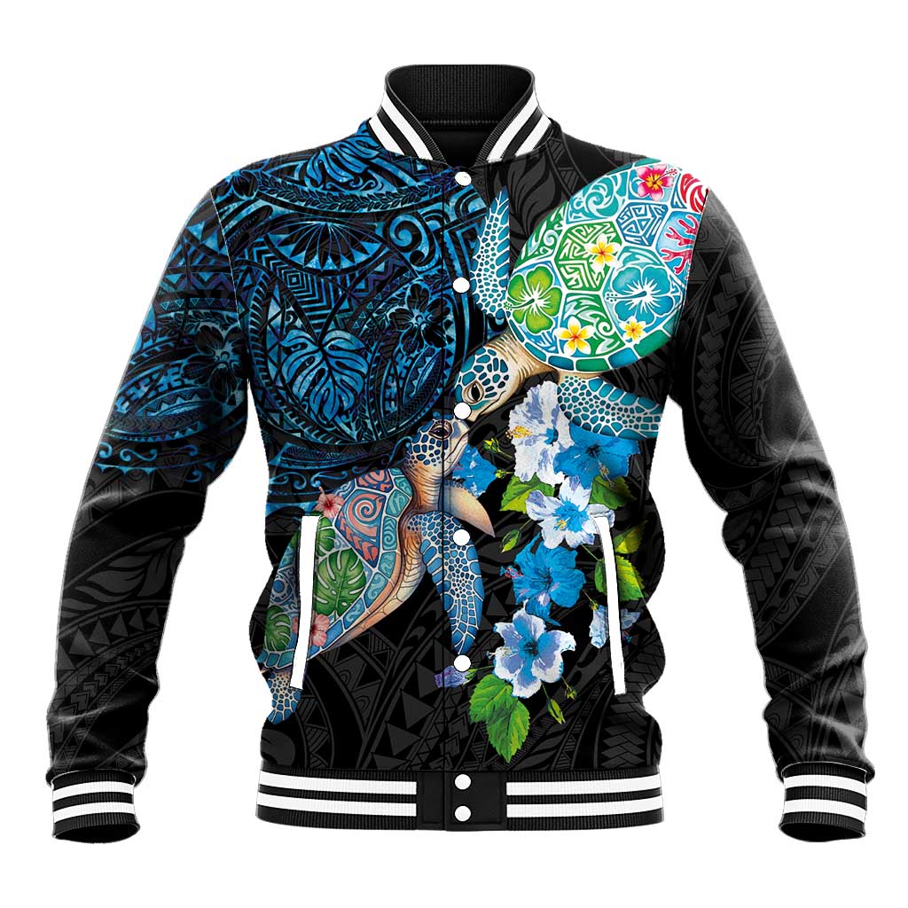 Hawaiian Couple Turtles Honi Baseball Jacket Polynesian Art Motifs and Hibiscus Black Blue Color LT03 Unisex Black - Polynesian Pride