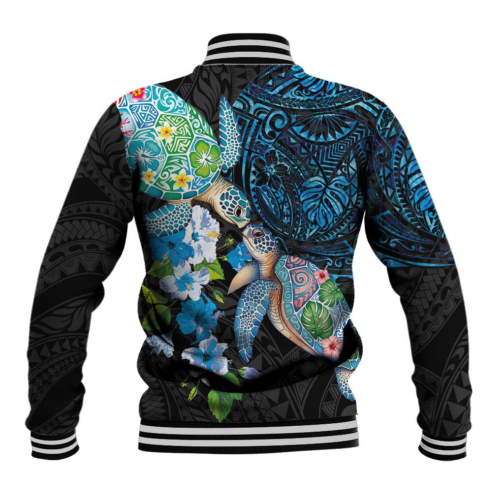 Hawaiian Couple Turtles Honi Baseball Jacket Polynesian Art Motifs and Hibiscus Black Blue Color - Polynesian Pride