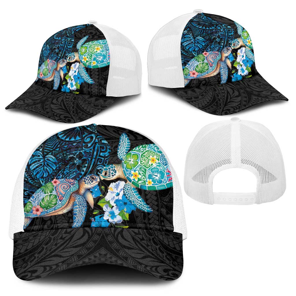 Hawaiian Couple Turtles Honi Baseball Net Cap Polynesian Art Motifs and Hibiscus Black Blue Color - Polynesian Pride