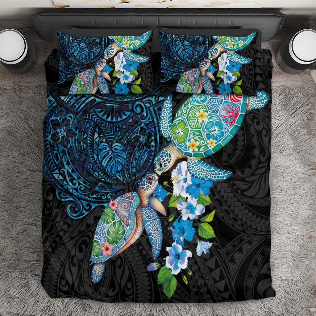 Hawaiian Couple Turtles Honi Bedding Set Polynesian Art Motifs and Hibiscus Black Blue Color - Polynesian Pride