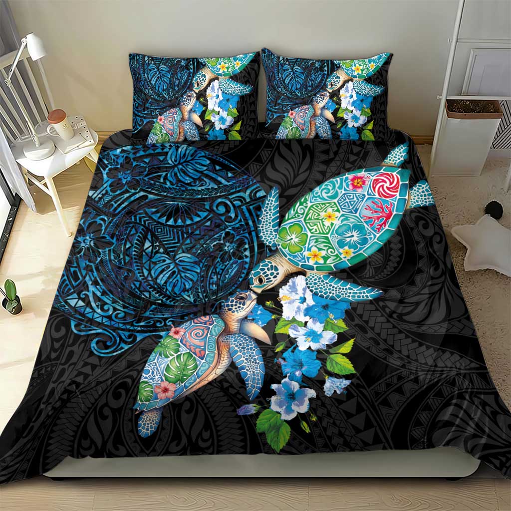 Hawaiian Couple Turtles Honi Bedding Set Polynesian Art Motifs and Hibiscus Black Blue Color - Polynesian Pride