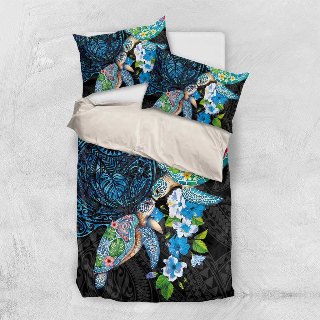Hawaiian Couple Turtles Honi Bedding Set Polynesian Art Motifs and Hibiscus Black Blue Color - Polynesian Pride