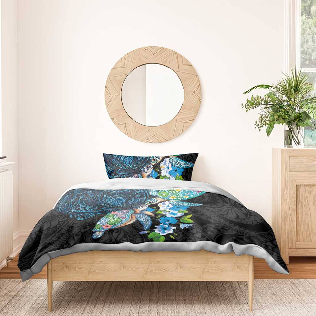 Hawaiian Couple Turtles Honi Bedding Set Polynesian Art Motifs and Hibiscus Black Blue Color - Polynesian Pride