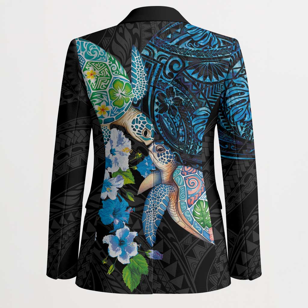 Hawaiian Couple Turtles Honi Blazer Polynesian Art Motifs and Hibiscus Black Blue Color - Polynesian Pride