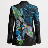 Hawaiian Couple Turtles Honi Blazer Polynesian Art Motifs and Hibiscus Black Blue Color - Polynesian Pride