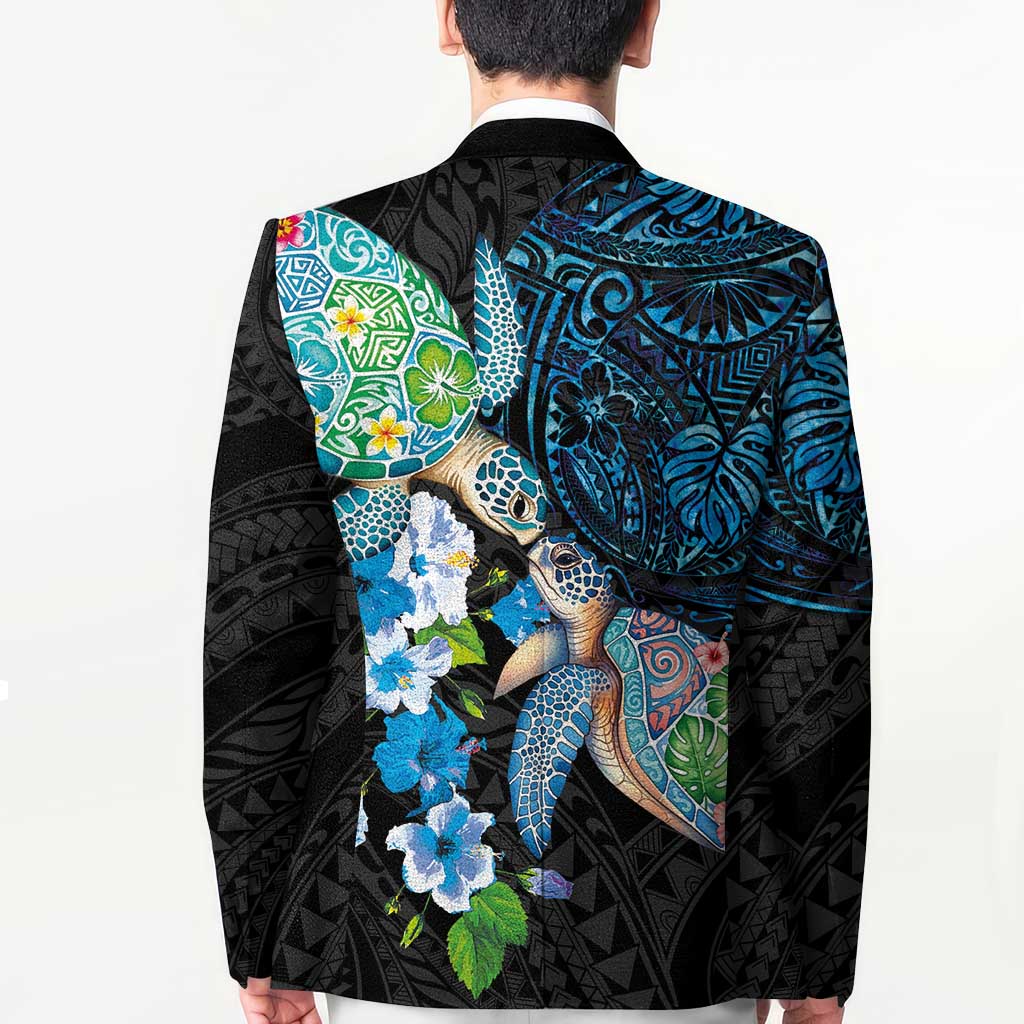Hawaiian Couple Turtles Honi Blazer Polynesian Art Motifs and Hibiscus Black Blue Color - Polynesian Pride