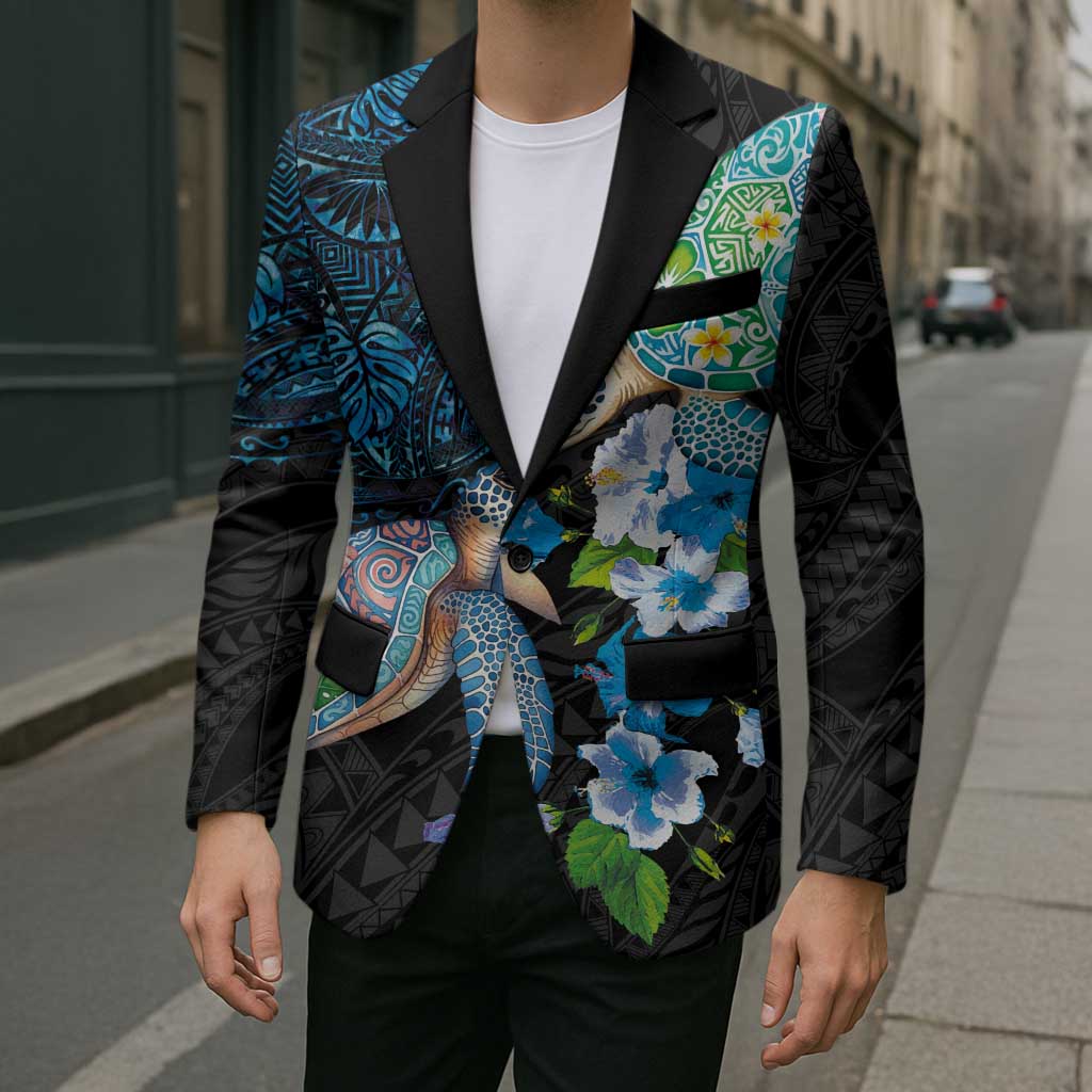 Hawaiian Couple Turtles Honi Blazer Polynesian Art Motifs and Hibiscus Black Blue Color - Polynesian Pride