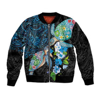 Hawaiian Couple Turtles Honi Bomber Jacket Polynesian Art Motifs and Hibiscus Black Blue Color - Polynesian Pride