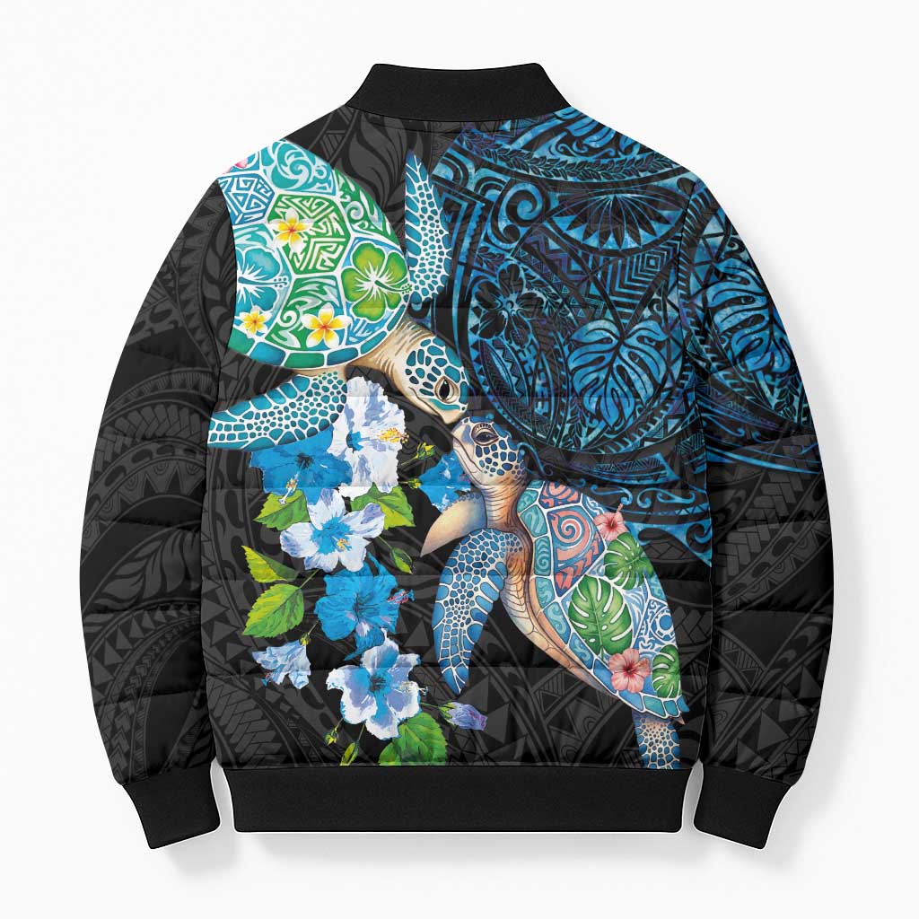 Hawaiian Couple Turtles Honi Bomber Puffer Jacket Polynesian Art Motifs and Hibiscus Black Blue Color - Polynesian Pride