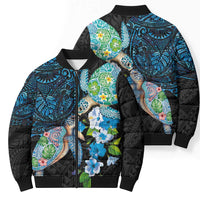 Hawaiian Couple Turtles Honi Bomber Puffer Jacket Polynesian Art Motifs and Hibiscus Black Blue Color - Polynesian Pride