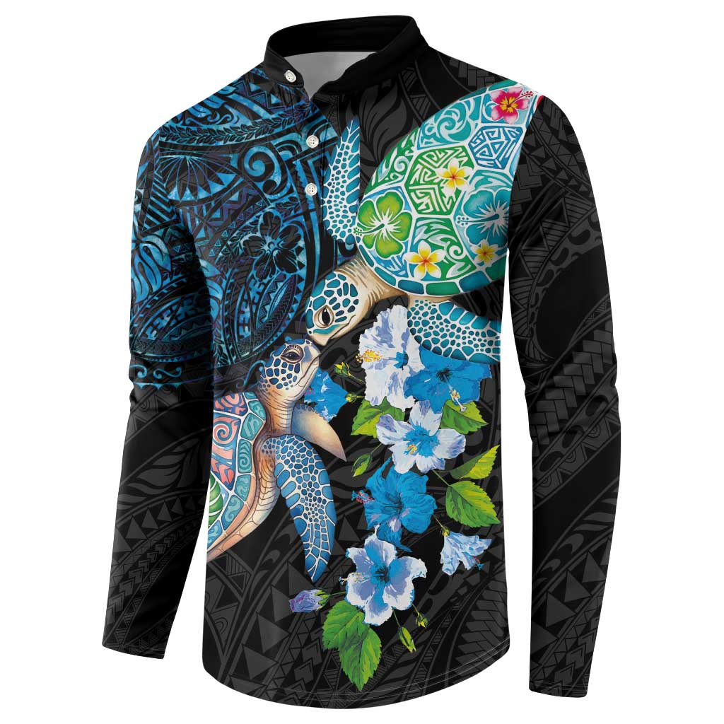 Hawaiian Couple Turtles Honi Button Sweatshirt Polynesian Art Motifs and Hibiscus Black Blue Color - Polynesian Pride