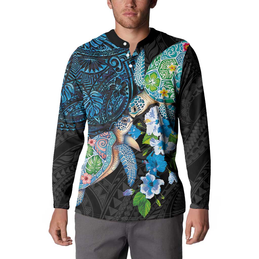 Hawaiian Couple Turtles Honi Button Sweatshirt Polynesian Art Motifs and Hibiscus Black Blue Color - Polynesian Pride