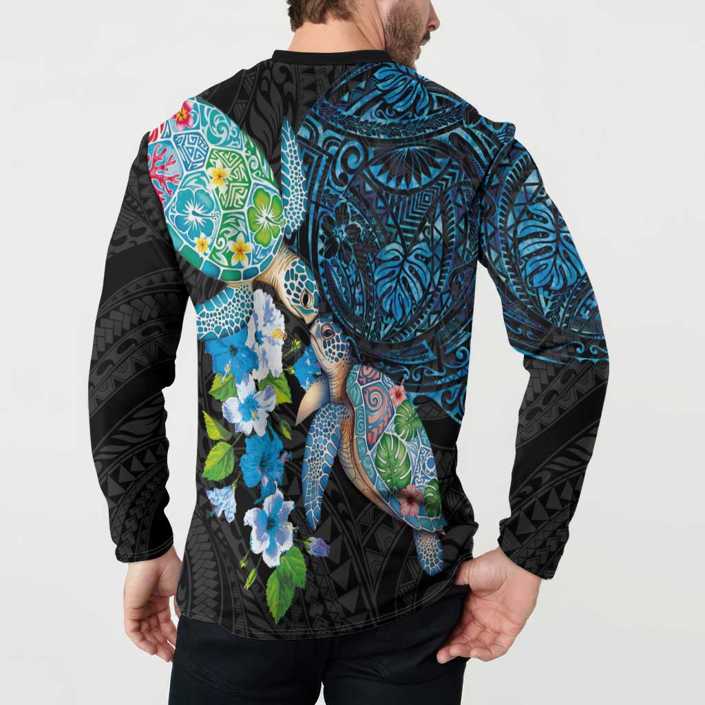 Hawaiian Couple Turtles Honi Button Sweatshirt Polynesian Art Motifs and Hibiscus Black Blue Color - Polynesian Pride