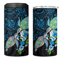 Hawaiian Couple Turtles Honi 4 in 1 Can Cooler Tumbler Polynesian Art Motifs and Hibiscus Black Blue Color - Polynesian Pride